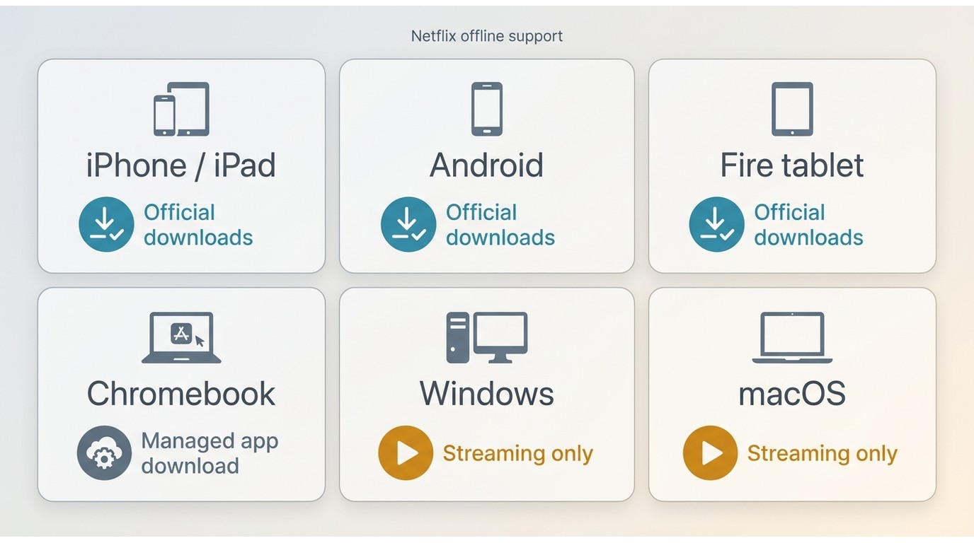 Netflix offline support by iPhone, Android, Chromebook, Windows, and macOS