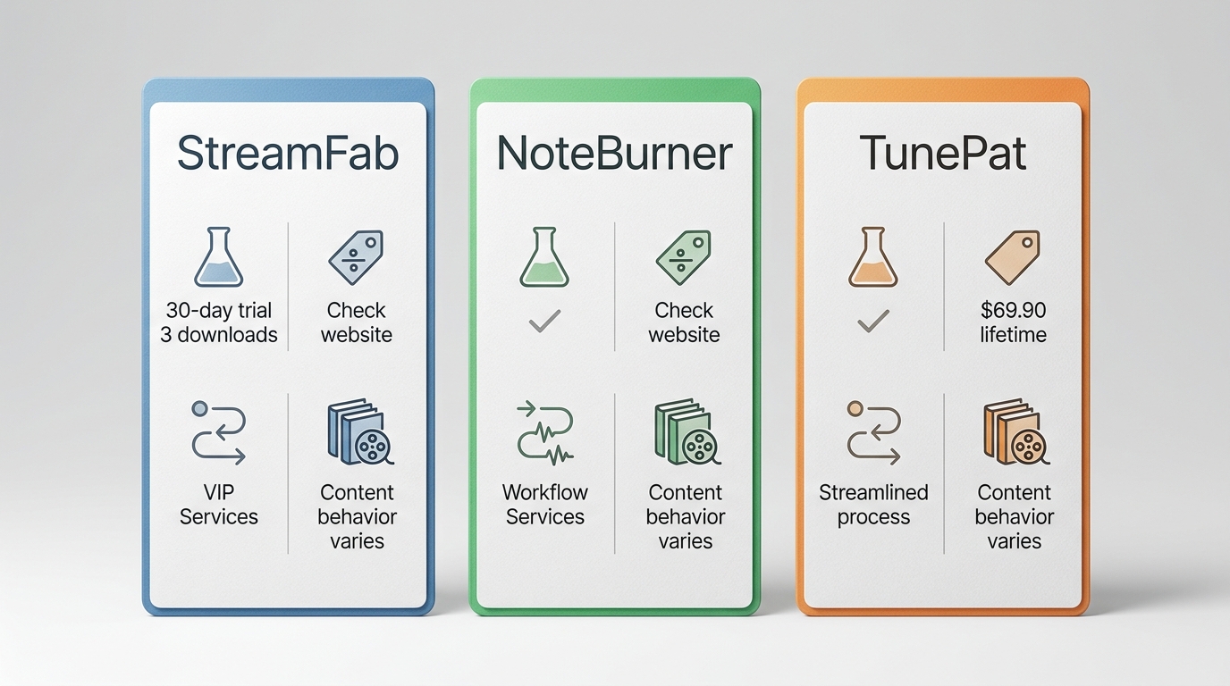 StreamFab, NoteBurner, and TunePat compared by trial, price, workflow, and title support