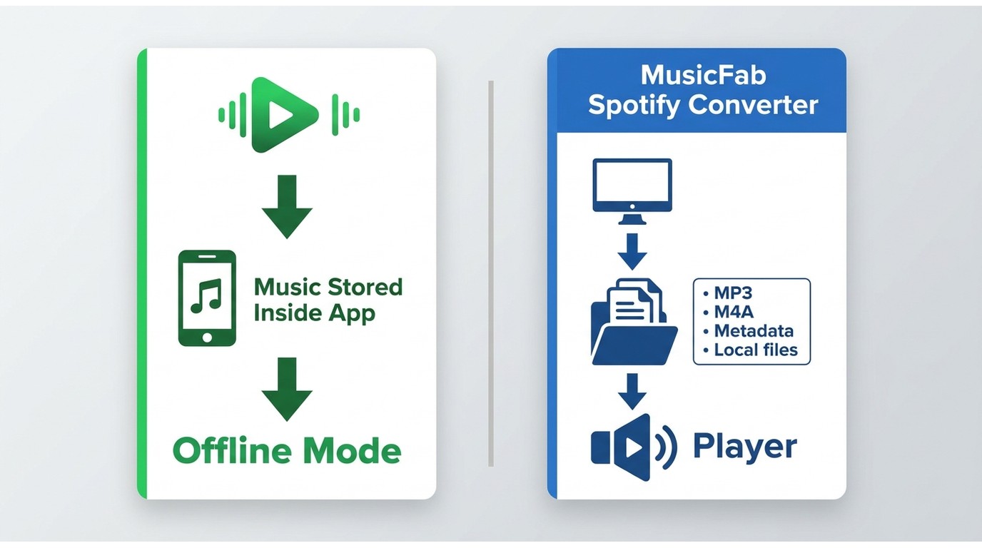 Spotify Offline Mode compared with MusicFab local audio file workflow