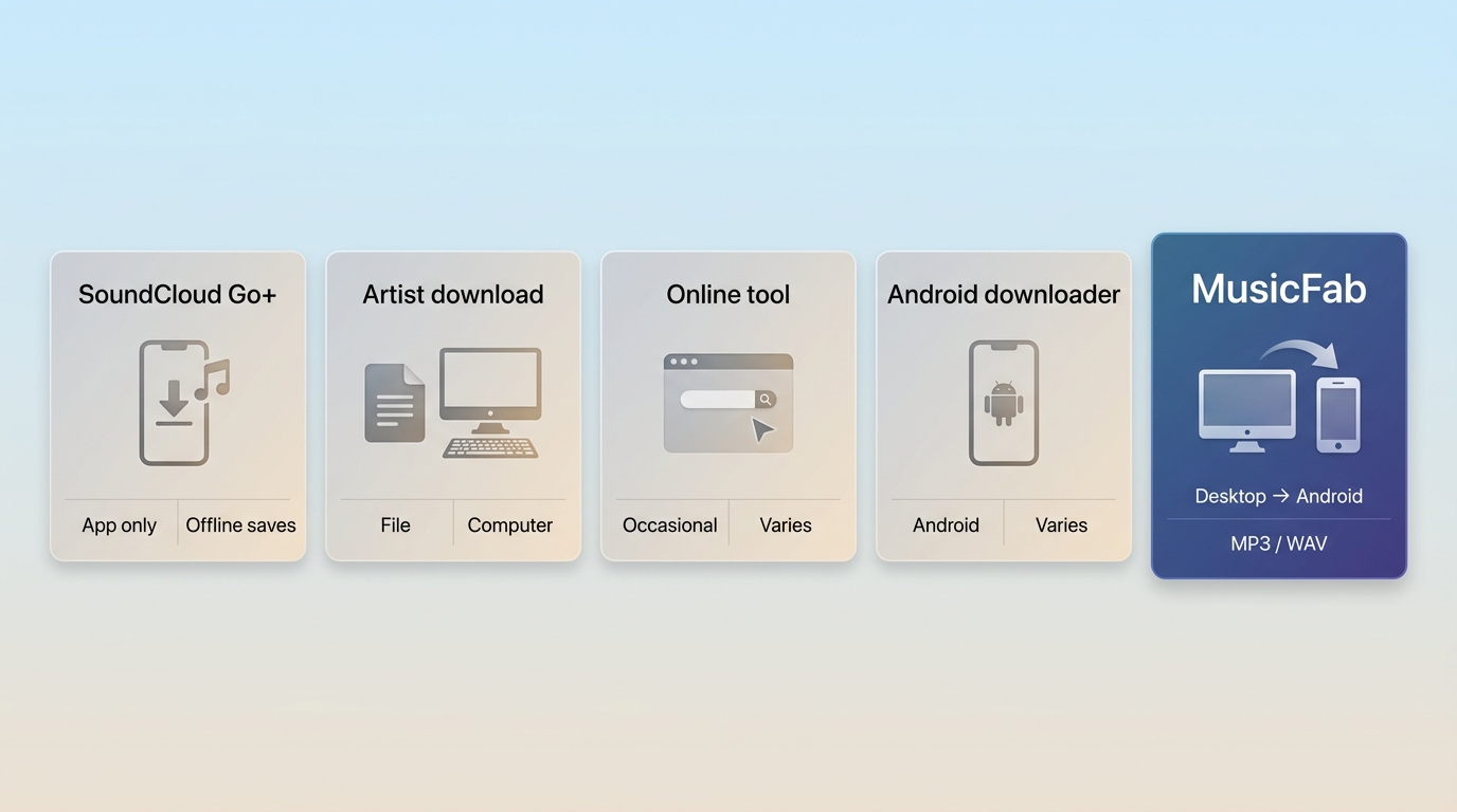 Comparison of SoundCloud Go+, artist downloads, downloader tools, and MusicFab for Android files