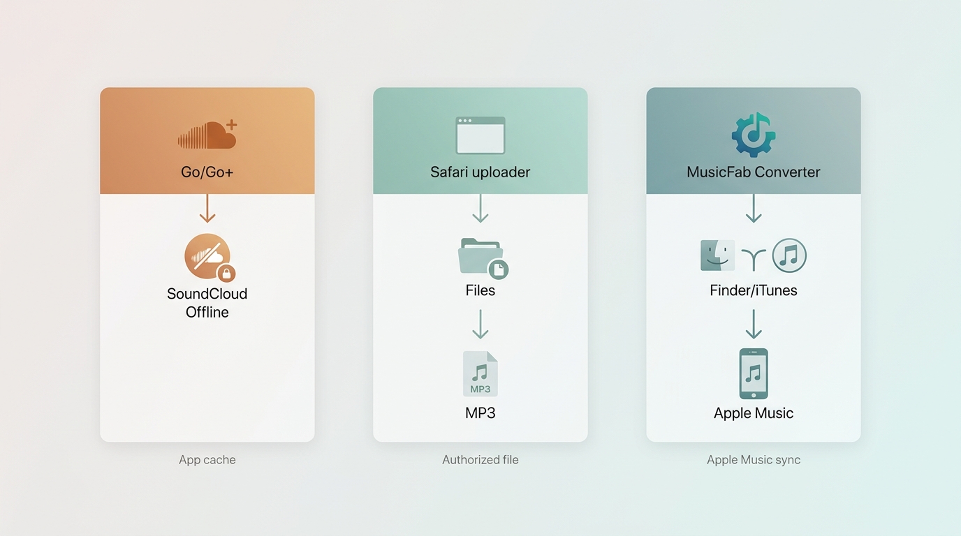 SoundCloud routes to offline listening, Files downloads, and Apple Music sync