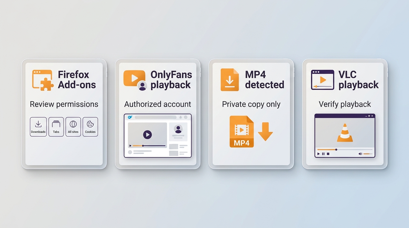 Firefox permission review, OnlyFans media detection, completed download, and VLC playback verificati