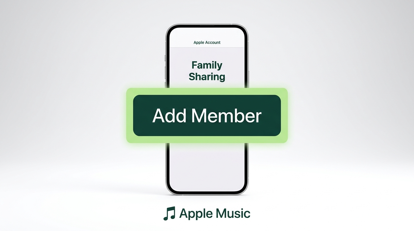 iPhone Family Sharing screen with Add Member for Apple Music