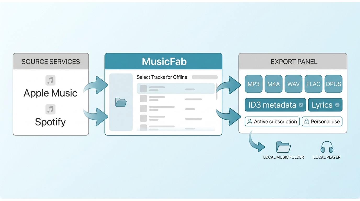 MusicFab export options for authorized Apple Music and Spotify local libraries