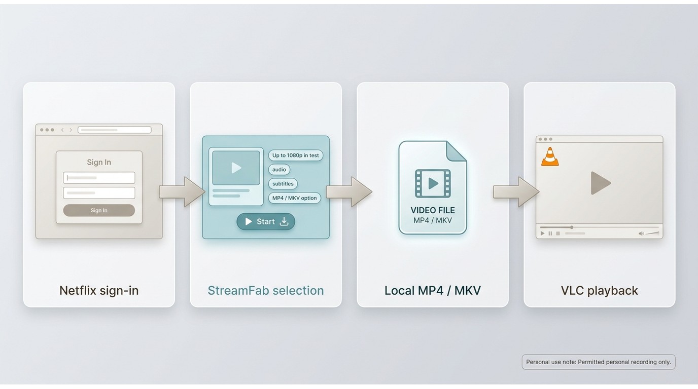 StreamFab Netflix workflow from title selection to MP4 or MKV playback