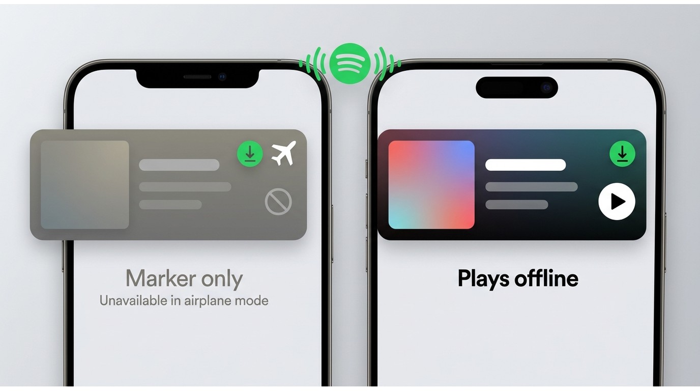Spotify playlist test distinguishing a download marker from offline playback