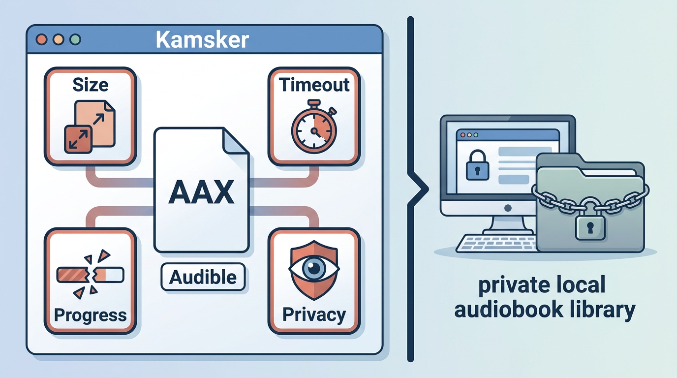 Kamsker upload risks for a small Audible AAX file versus a private local library