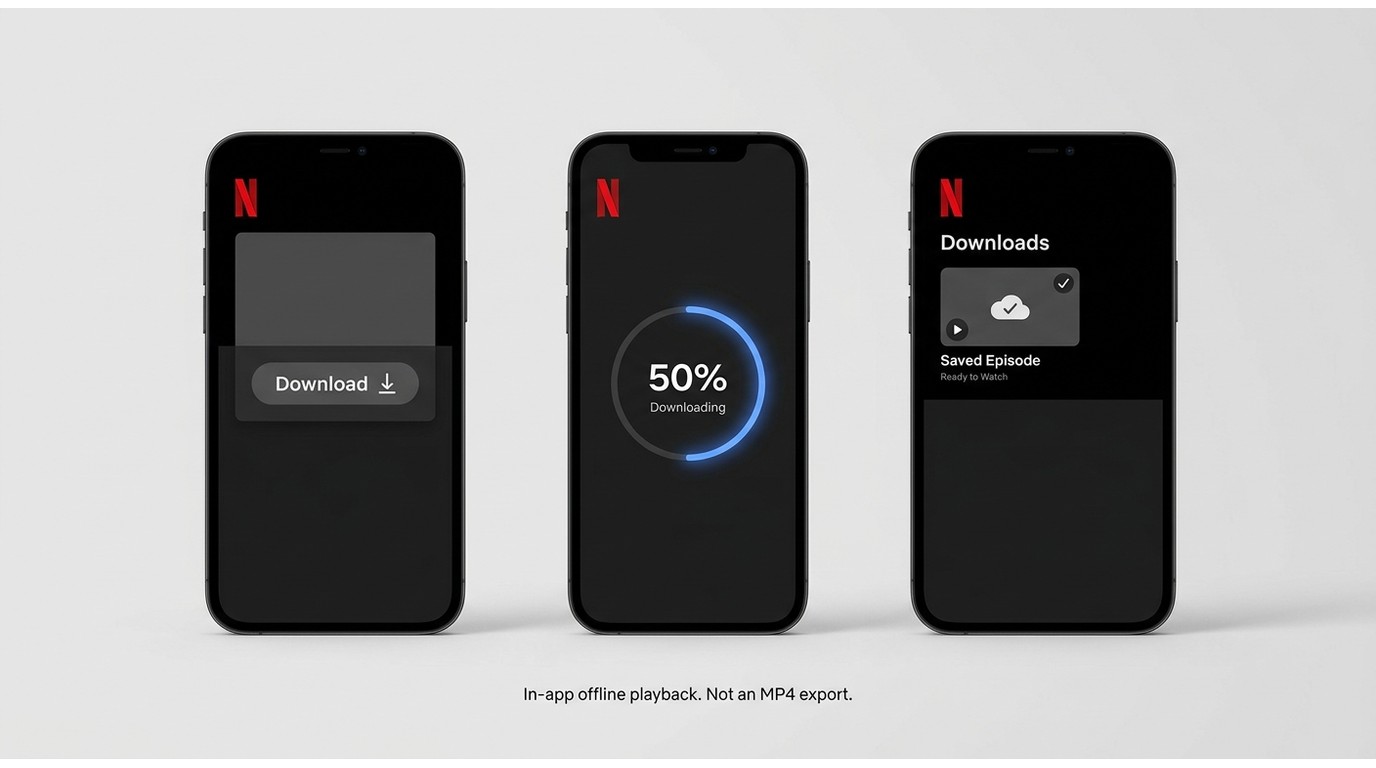 Netflix mobile steps from title download button to offline Downloads library.