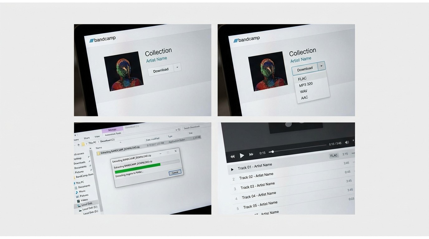 Bandcamp download flow from Collection to format selection, ZIP extraction, and playback verificatio