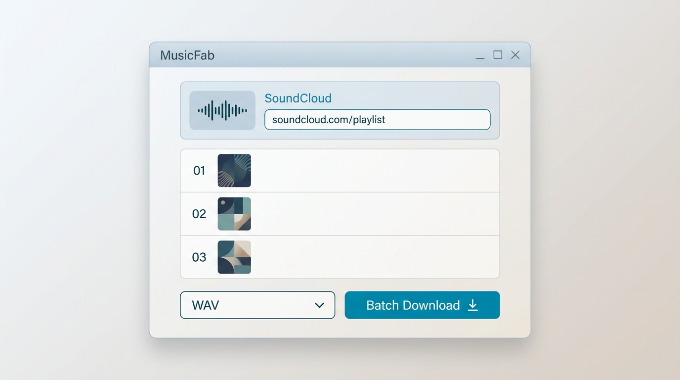 MusicFab downloading a SoundCloud playlist as WAV files with artwork and track metadata.