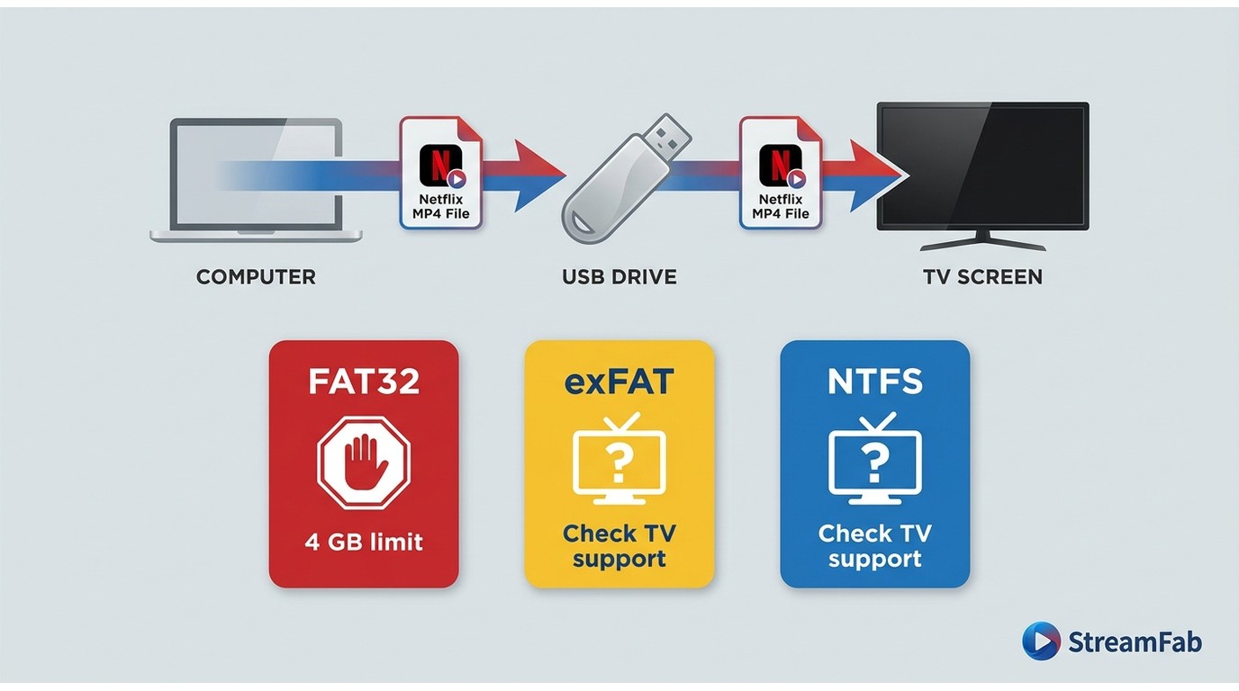 FAT32 blocks Netflix video files over 4 GB; exFAT and NTFS need TV support.