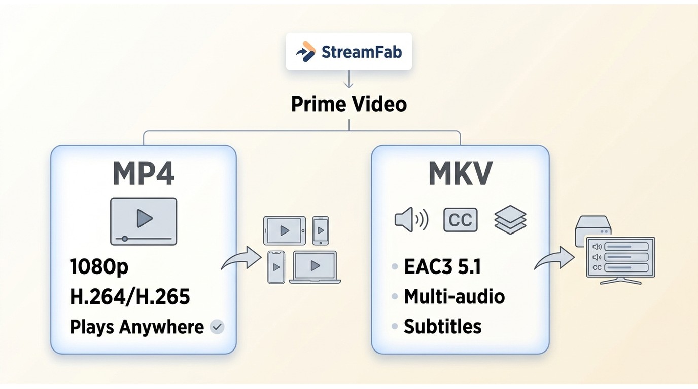 MP4 and MKV options in StreamFab with resolution, audio, and subtitle choices
