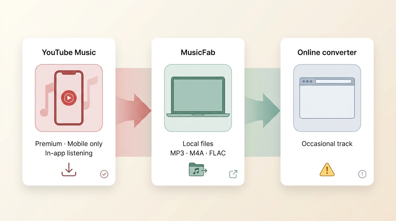 YouTube Music download paths: mobile app, MusicFab local files, and online converter