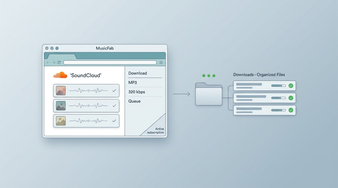 MusicFab batch queue converts selected SoundCloud tracks into organized local files