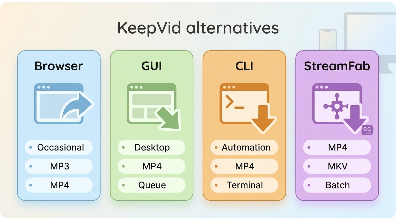 Comparison of browser, GUI, CLI, and StreamFab download workflows