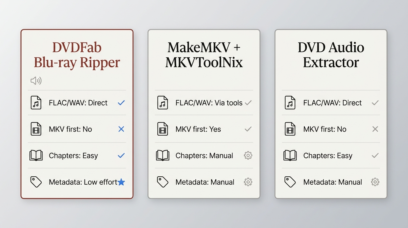Comparison of DVDFab, MakeMKV plus MKVToolNix, and DVD Audio Extractor workflows.