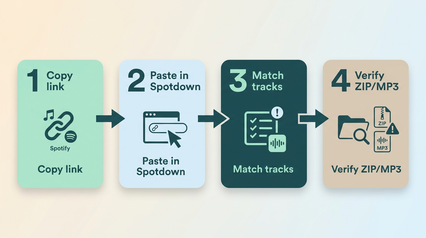 Spotify playlist link workflow with track matching and ZIP verification
