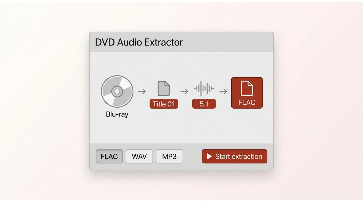 DVD Audio Extractor selecting a Blu-ray title, 5.1 audio stream, and FLAC output format.