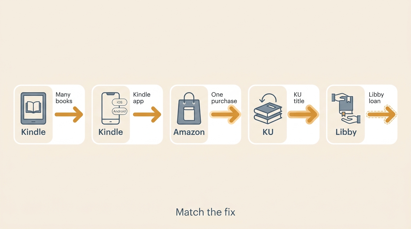 Kindle、Kindle app、Amazon purchase、Kindle Unlimited 与 Libby 下载故障排查路径