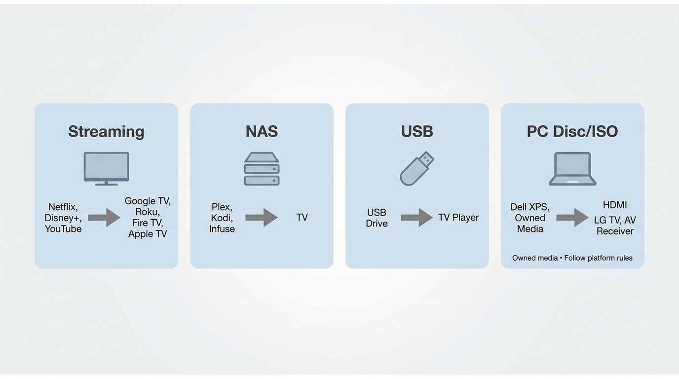 Four TV media paths: streaming apps, NAS files, USB drives, and PC disc or ISO playback.