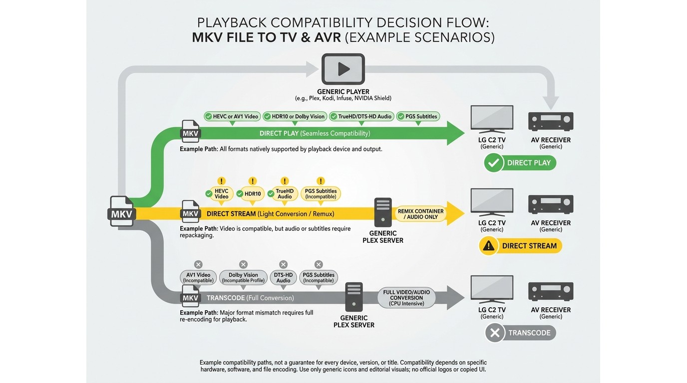 How MKV, HDR, audio, and subtitles determine Direct Play, Direct Stream, or Plex transcoding.