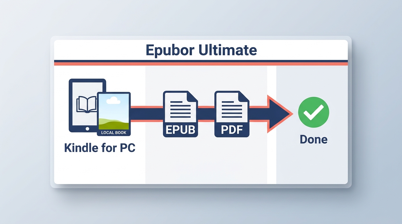 Epubor Ultimate converts a locally downloaded Kindle book to EPUB or PDF.