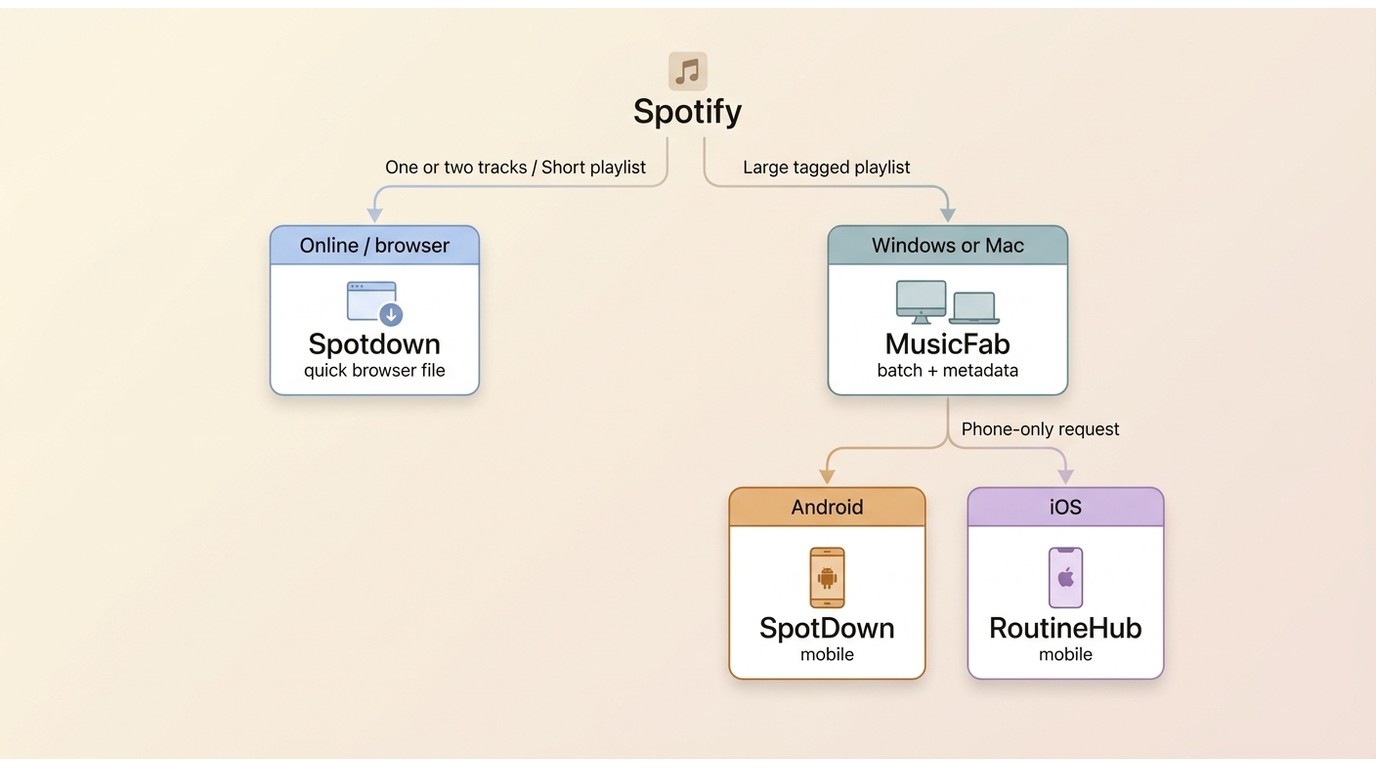 Choosing between MusicFab, online, Android, and iOS Spotify downloaders