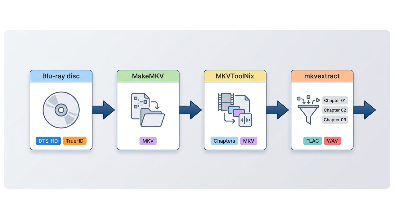 MakeMKV and MKVToolNix workflow from Blu-ray disc to chapter-split FLAC or WAV audio.