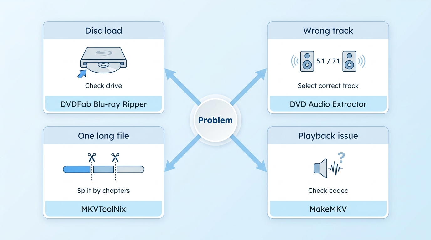 Blu-ray audio troubleshooting steps for loading, track selection, chapter splitting, and playback is