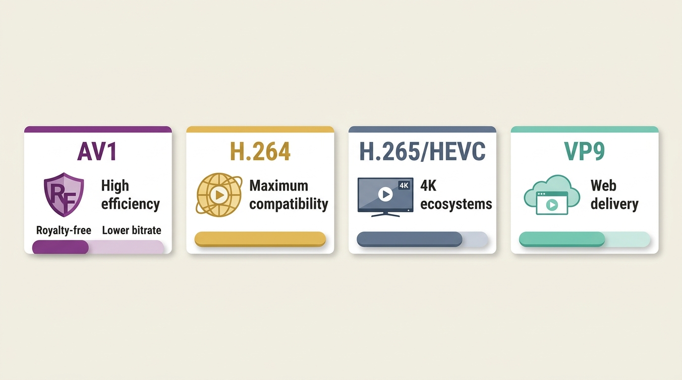 Comparison of AV1, H.264, H.265, and VP9 efficiency and compatibility