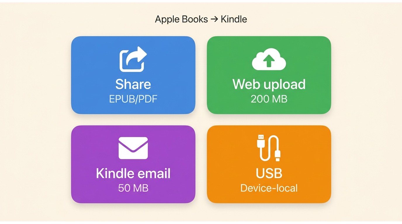 Comparison of iPhone Share, web upload, Kindle email, and USB for EPUB and PDF transfer to Kindle.