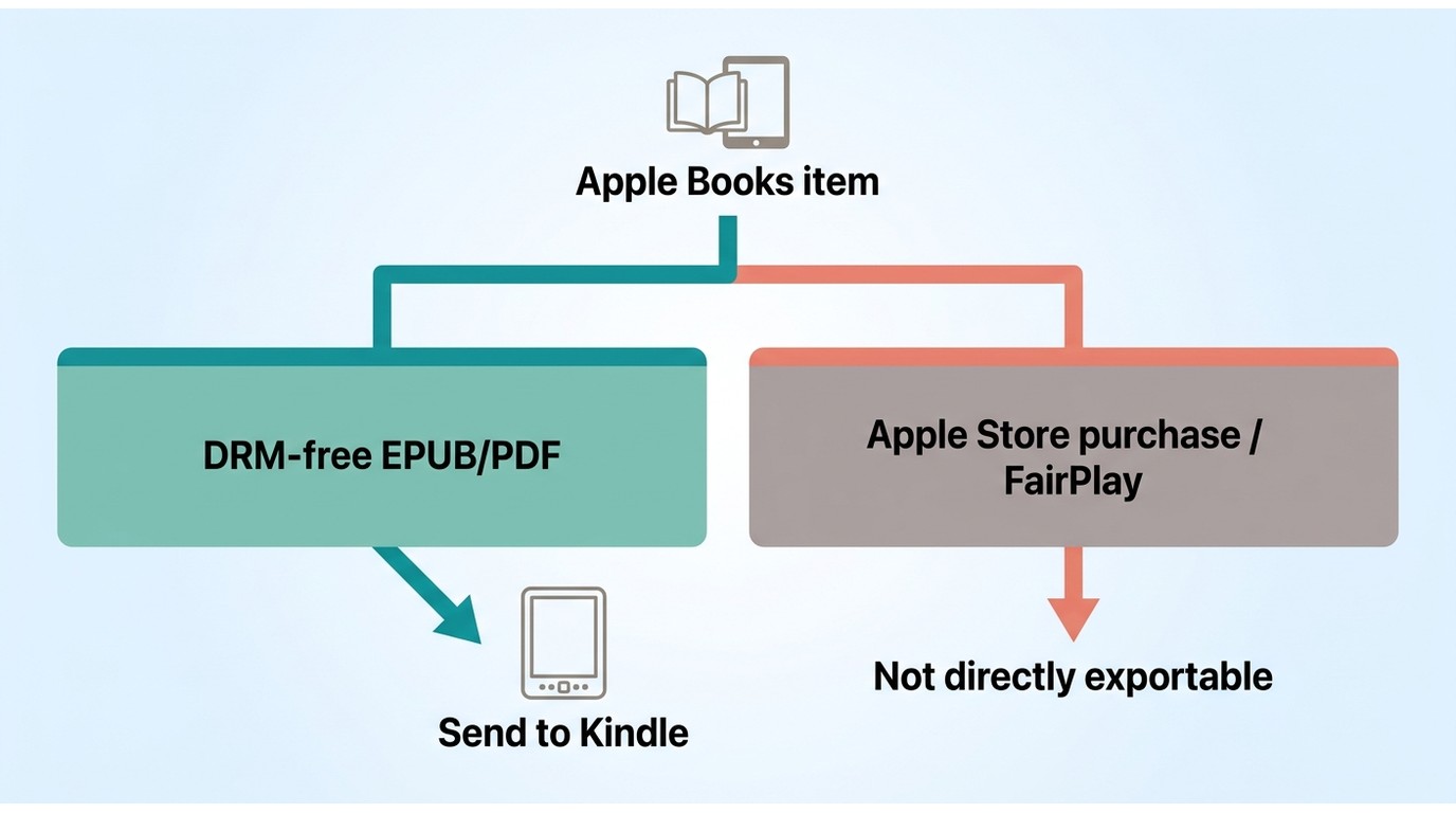 Apple Books file eligibility flow for sending DRM-free EPUB or PDF files to Kindle.