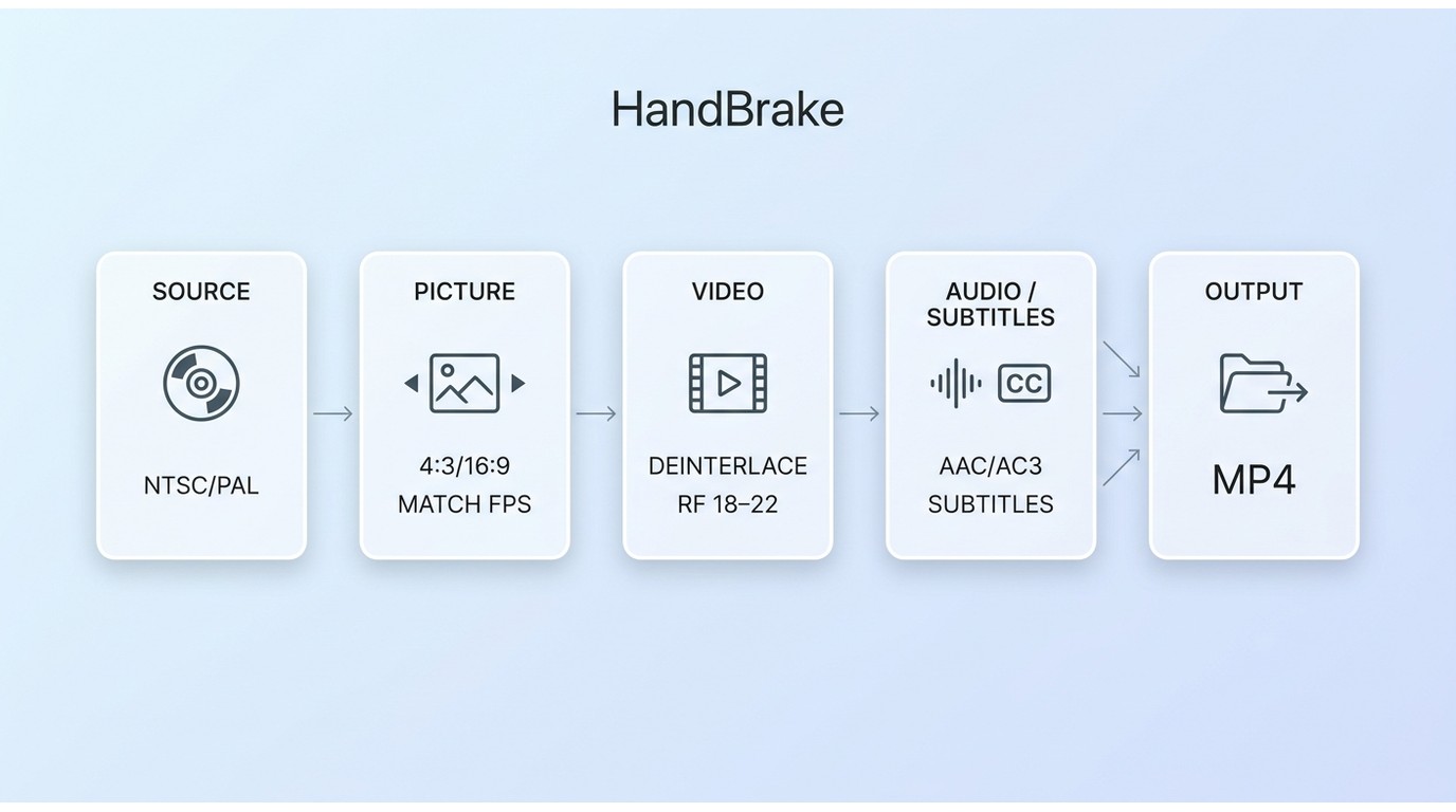HandBrake settings for DVD frame rate, aspect ratio, audio, and subtitles