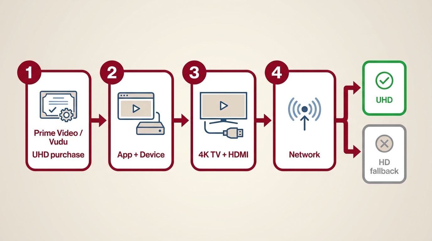 UHD movie playback checks from Prime Video or Vudu to the TV
