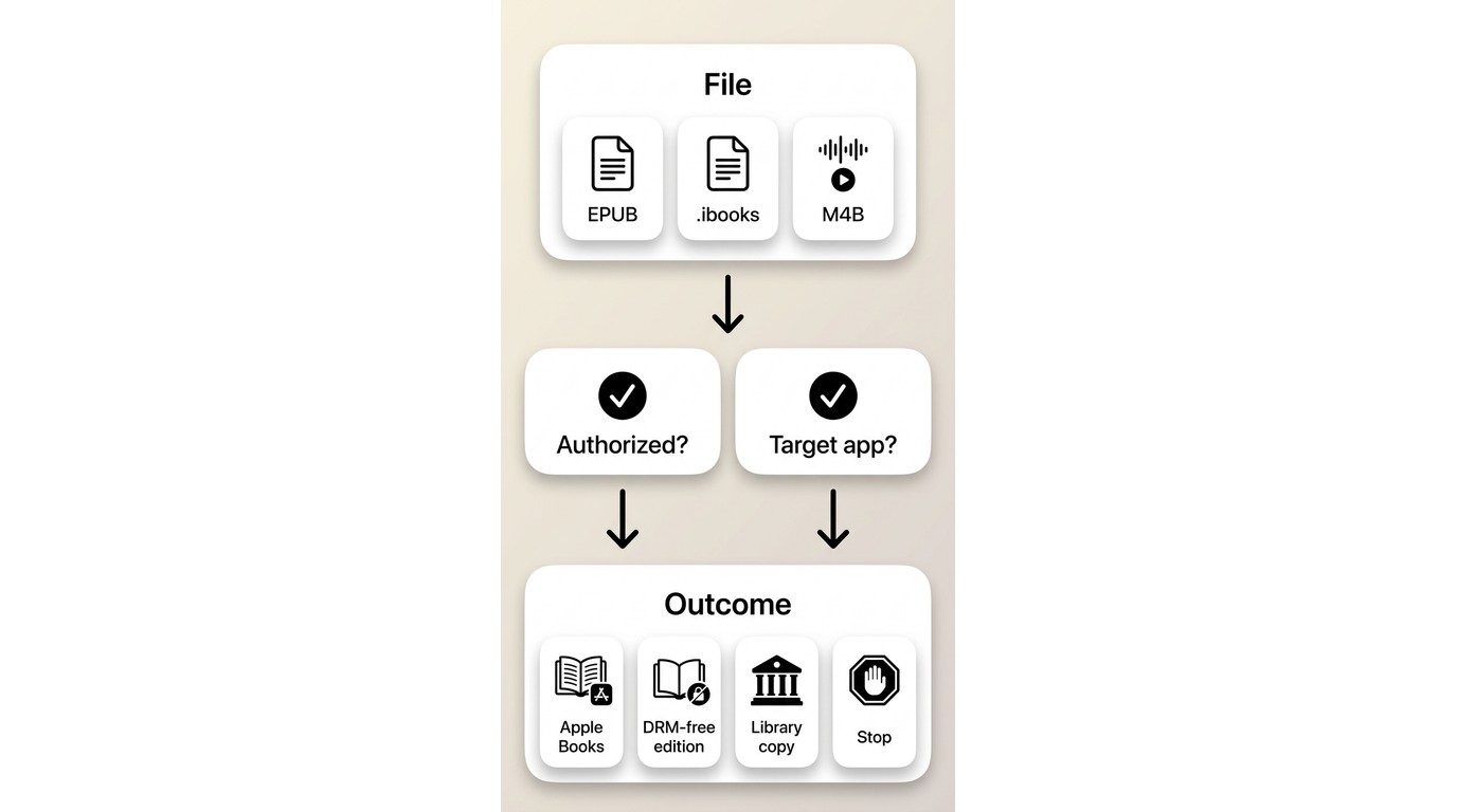 Decision path for locked Apple Books EPUB, .ibooks, and audiobook files