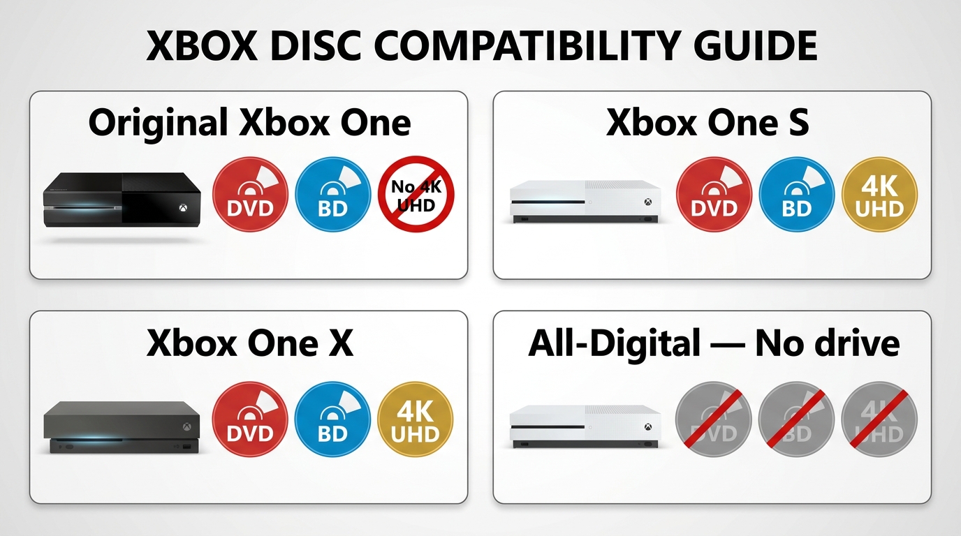 Xbox One model comparison for DVD, Blu-ray, and 4K UHD playback