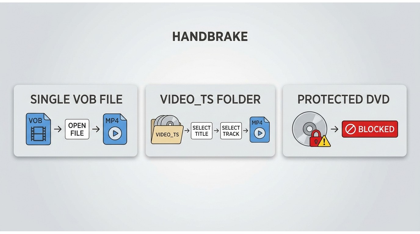HandBrake source paths for VOB, VIDEO_TS, and protected DVDs
