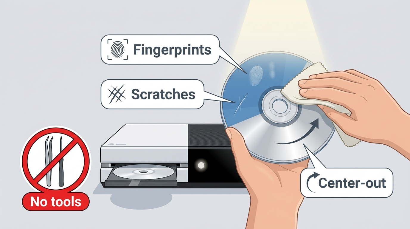 Cleaning a DVD and positioning an Xbox One horizontally for playback tests