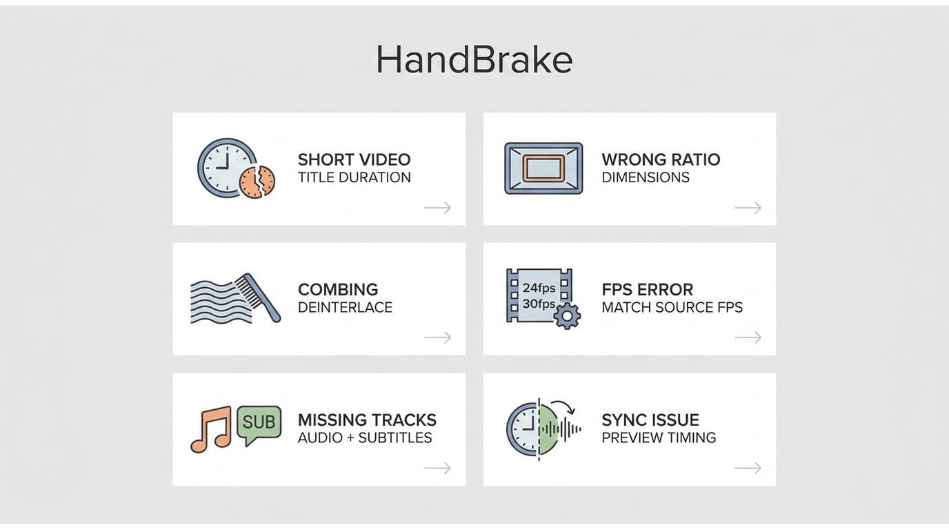 HandBrake troubleshooting flow for VOB duration, picture, frame rate, and tracks