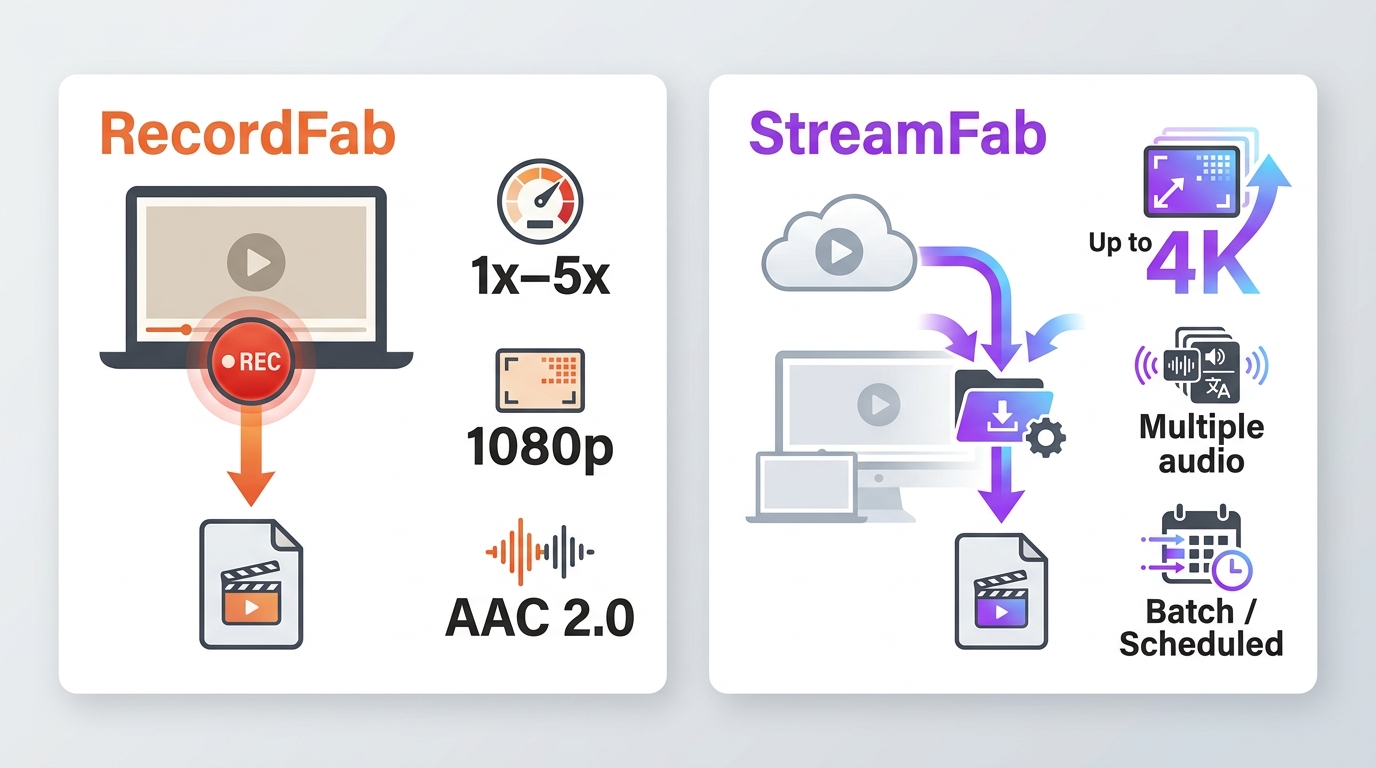 Comparison of RecordFab recording and StreamFab download workflows, quality, audio, and OS support.