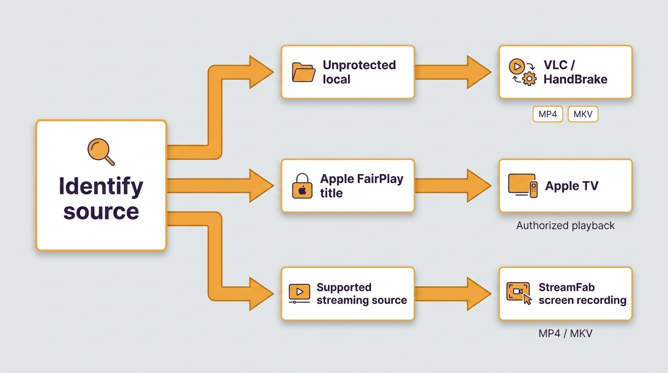 Workflow matching M4V file state with VLC, HandBrake, Apple TV, or StreamFab