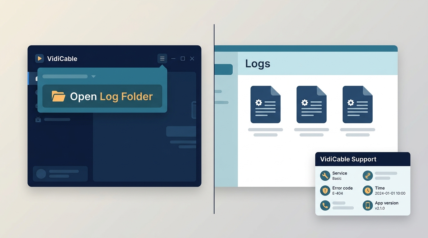 VidiCable log-folder menu and support details needed for a failed download report.