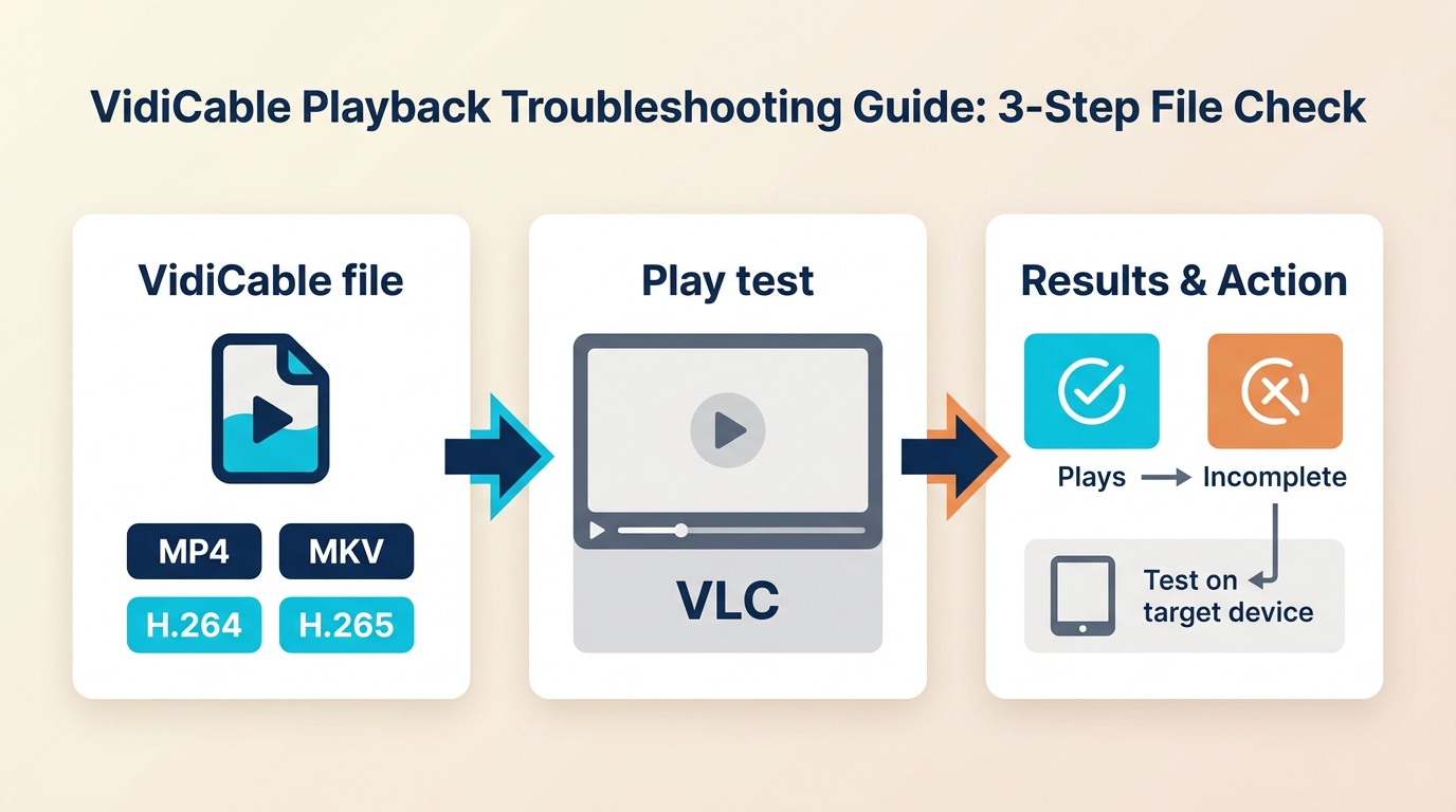 VidiCable playback path using VLC, codec fallback, container tests, and device support.