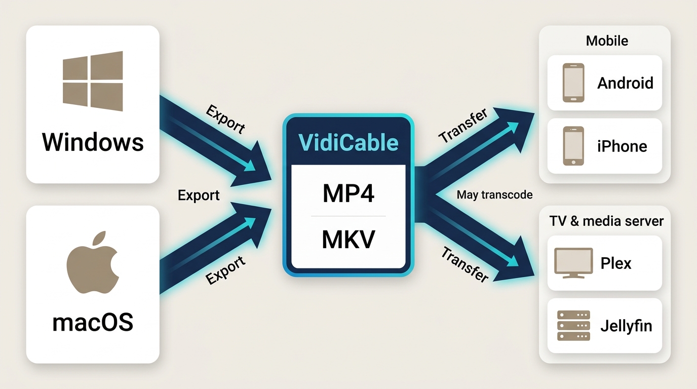VidiCable on Windows and Mac with MP4 and MKV playback paths for phones, TVs, Plex, and Jellyfin.