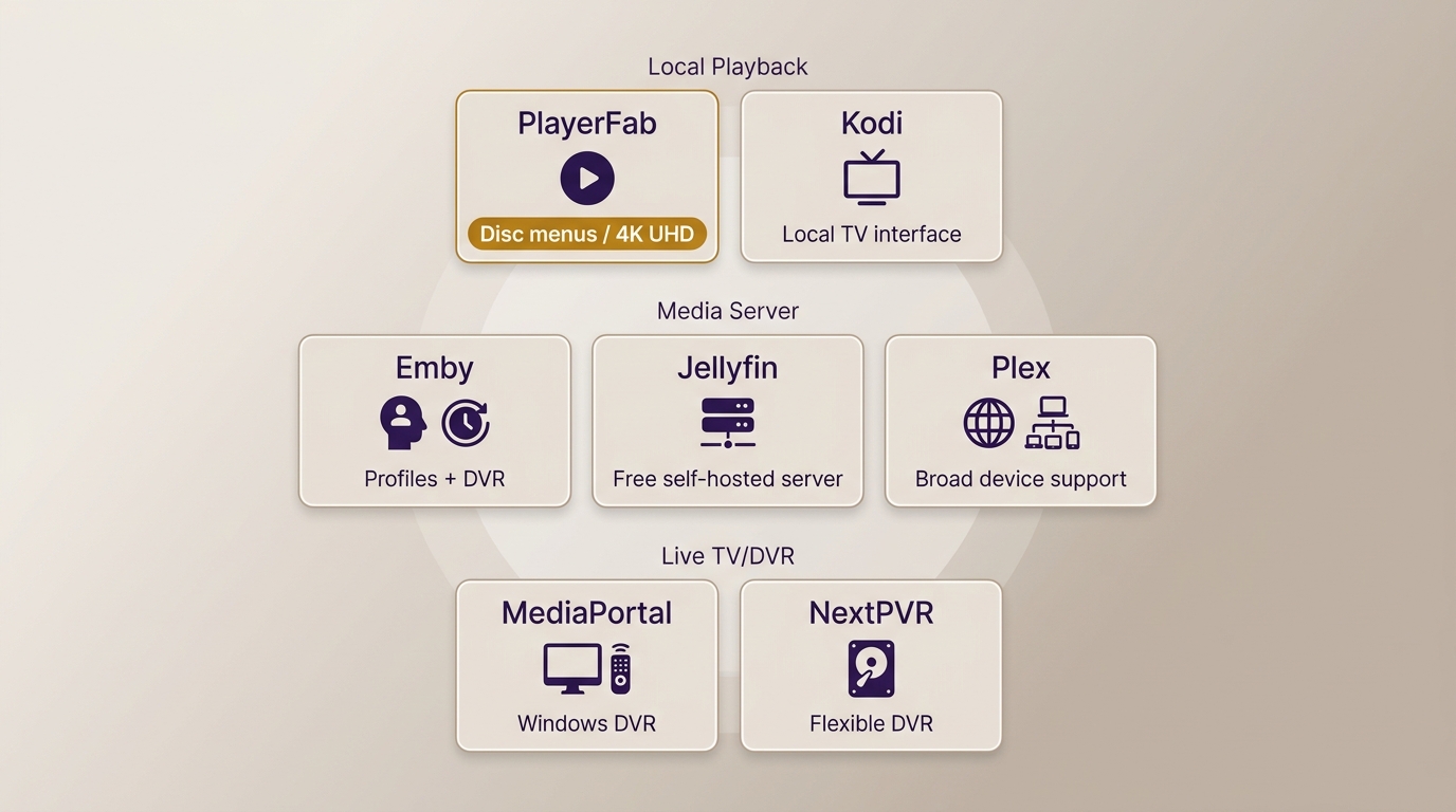Comparison of PlayerFab, Kodi, Jellyfin, Emby, Plex, MediaPortal, and NextPVR roles.