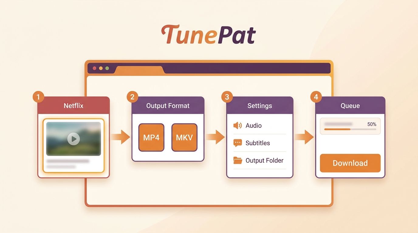 TunePat workflow for selecting a Netflix episode, MP4 settings, subtitles, and download queue