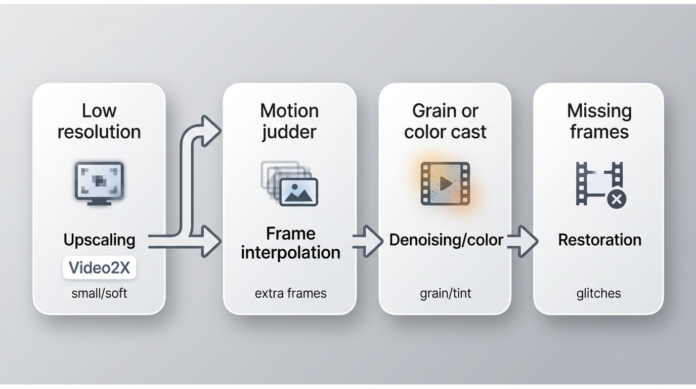 Video2X and restoration choices matched to resolution, motion, noise, and frame defects