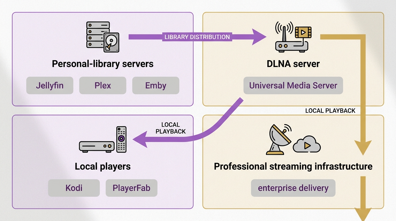 Roles of Jellyfin, Plex, Kodi, PlayerFab, and Universal Media Server