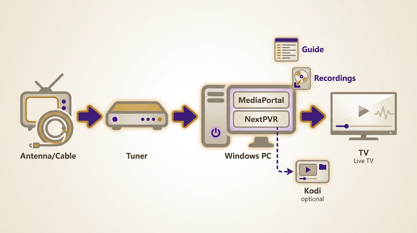 MediaPortal and NextPVR DVR setup with tuner, guide data, recordings, and Kodi.