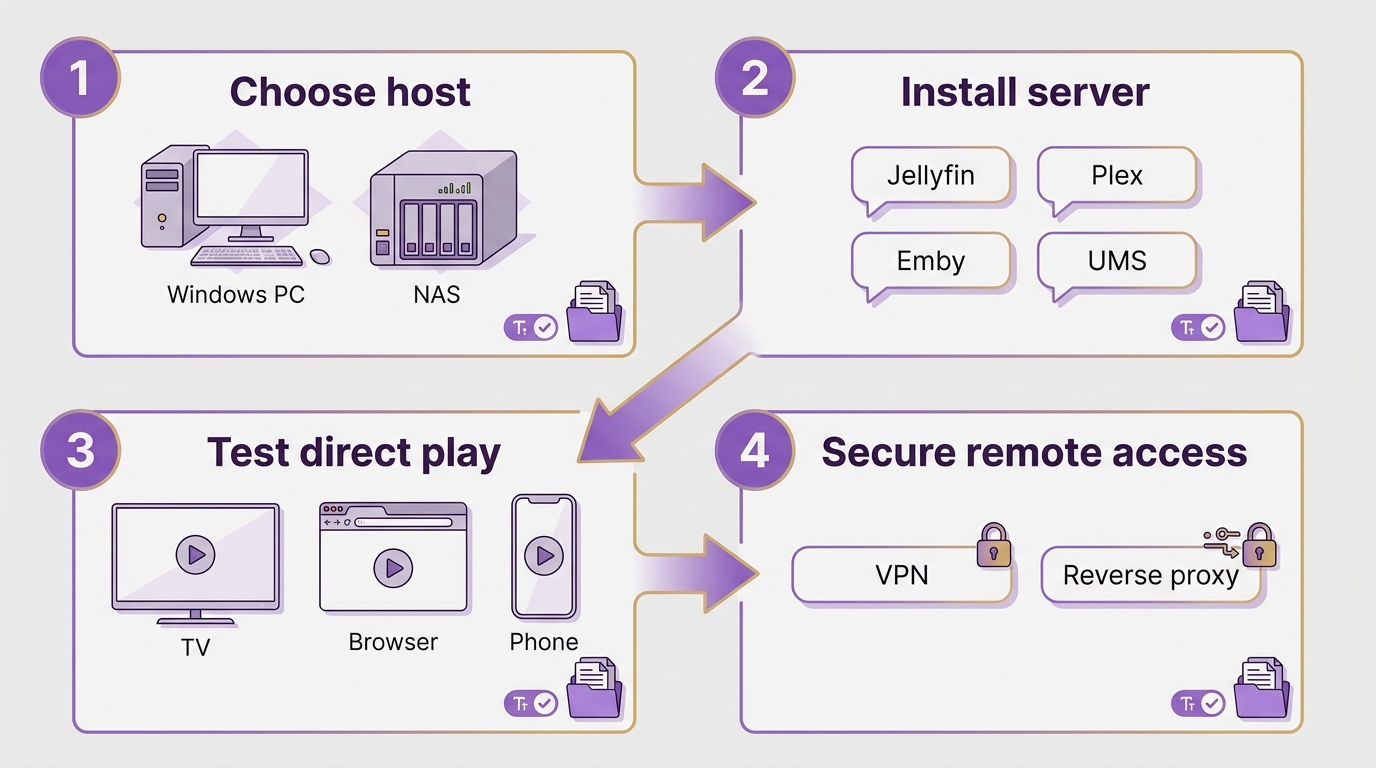 Home media server setup from host selection to secure remote access